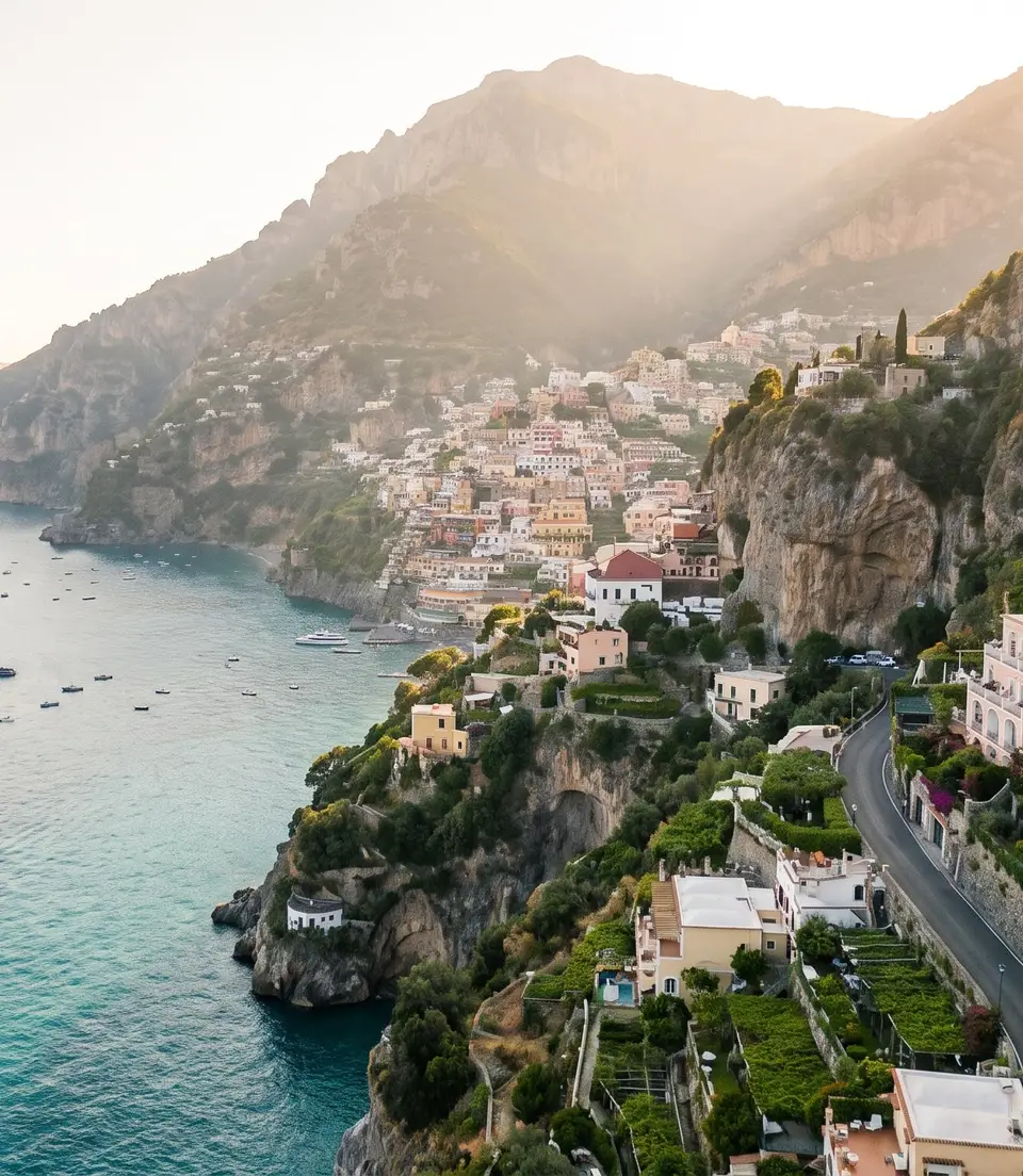 Coastal town on a cliff above the sea at sunset