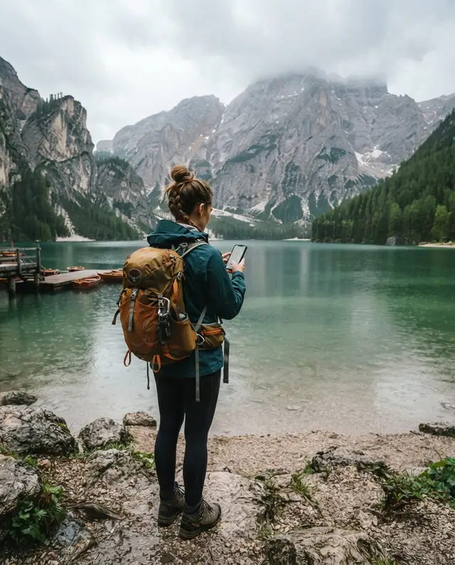 Traveler with a backpack checking a phone by an alpine lake